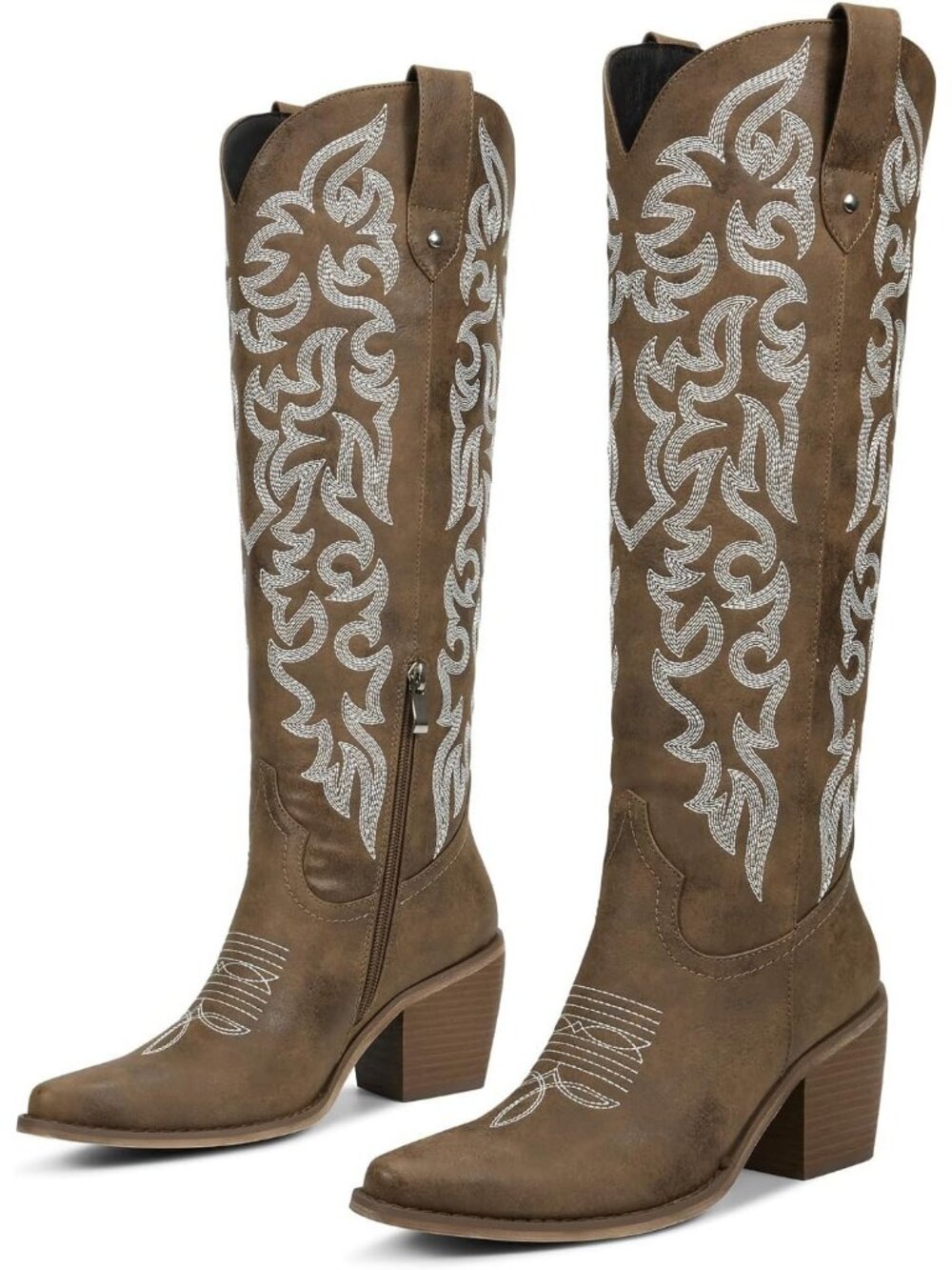 Women's Brown Knee High Western Cowboy Boots with Embroidered Pointed Toe